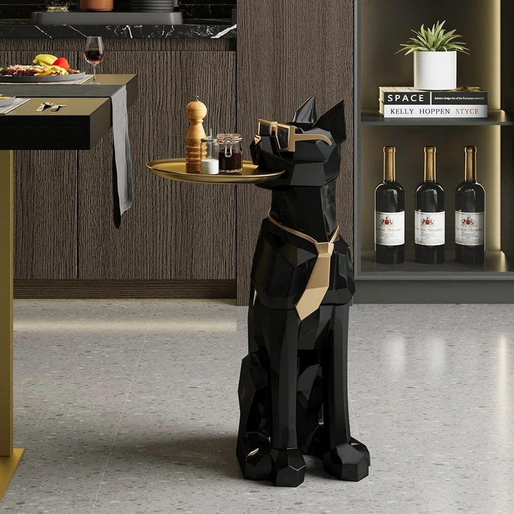 homary Modern Resin Dog Sculpture Geometric Standing Statue Cute Side Table Tray End Table with Tissue Storage (Black)