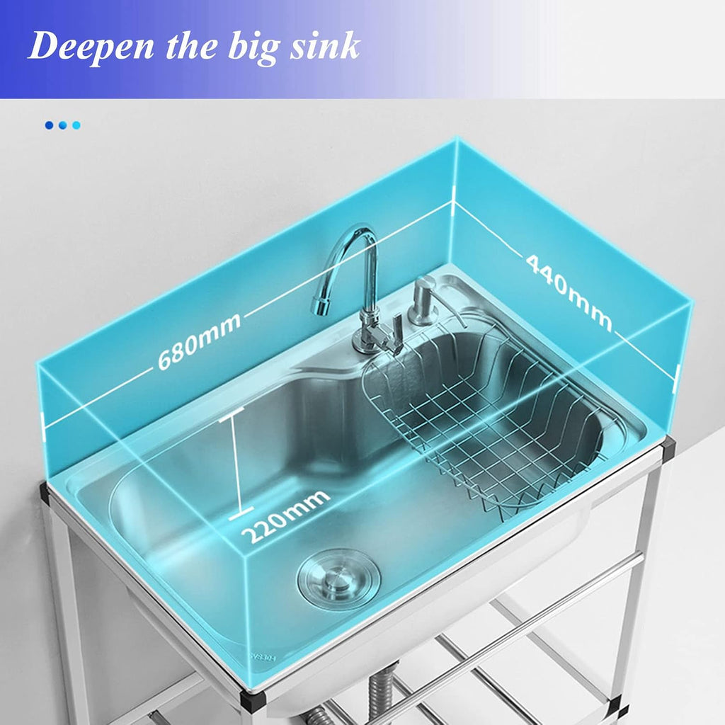 Commercial Sink 304 Stainless Steel Single Bowl Sink with Adjustable Shelves Over The Sink and Hanging Rod, Freestanding Utility Sink for Restaurant Kitchen Laundry Room Garage