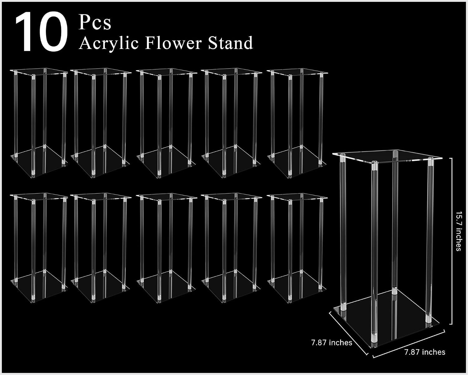 10 Pcs Acrylic Clear Vases for Wedding Centerpieces, 15.75' Tall Flower Stand, Engagement Home Party Table Decor Centerpiece Vases, Rectangular Acrylic Flower Stand with 50 Pcs Gold Napkin Rings