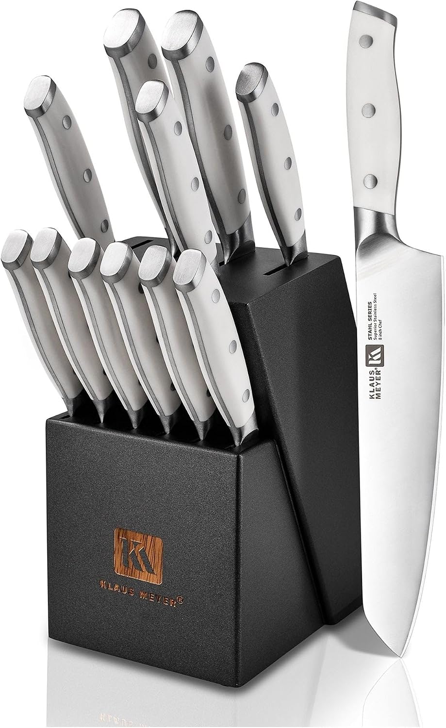 Klaus Meyer Stahl High Carbon Exclusive German Steel 13 Piece Knife Block Set (White)