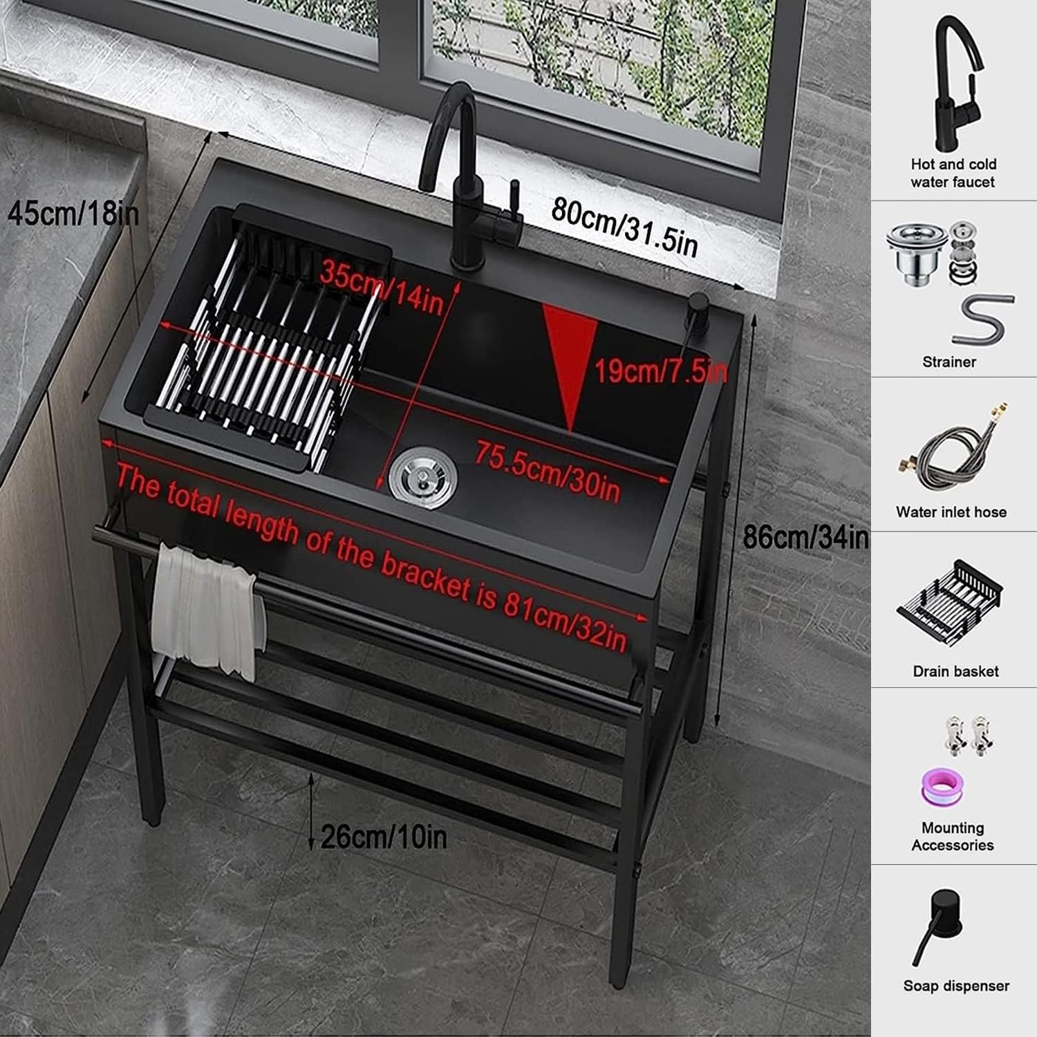 Black Utility Single Bowl Sinks Laundry Sink, Free Standing Commercial Restaurant Kitchen Sink,Heavy Duty Floor Mounted Wash Station with Faucet and Storage(80 * 45 * 86cm/31.4 * 17.7 * 33.8in