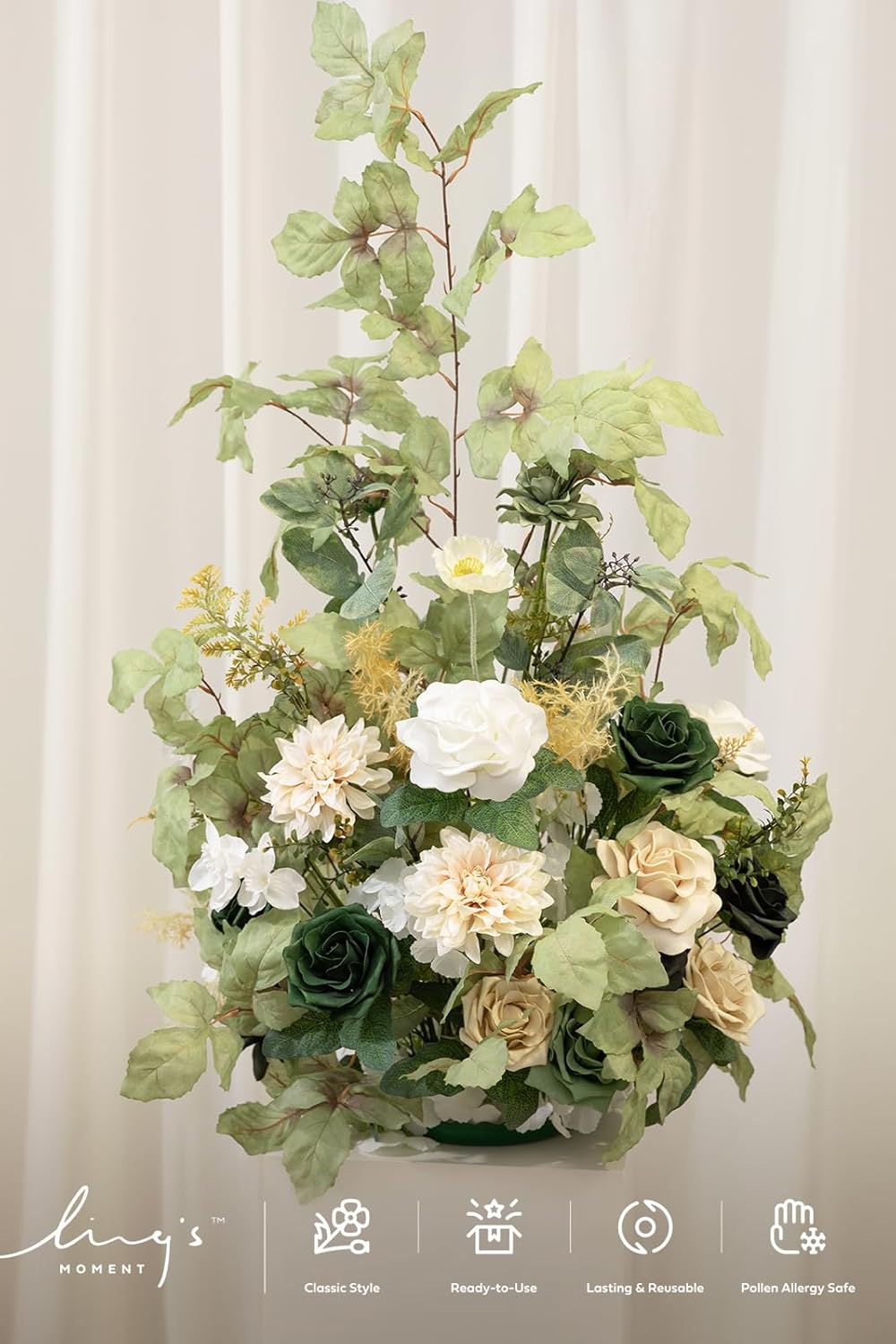 Ling's moment 41' Tall Free Standing Artificial Flowers Arrangements 2 pcs Wedding Arch Altar Stage Decorations Emerald & Tawny Beige Ceremony Reception Rose Fake Floral Party Centerpieces Decor