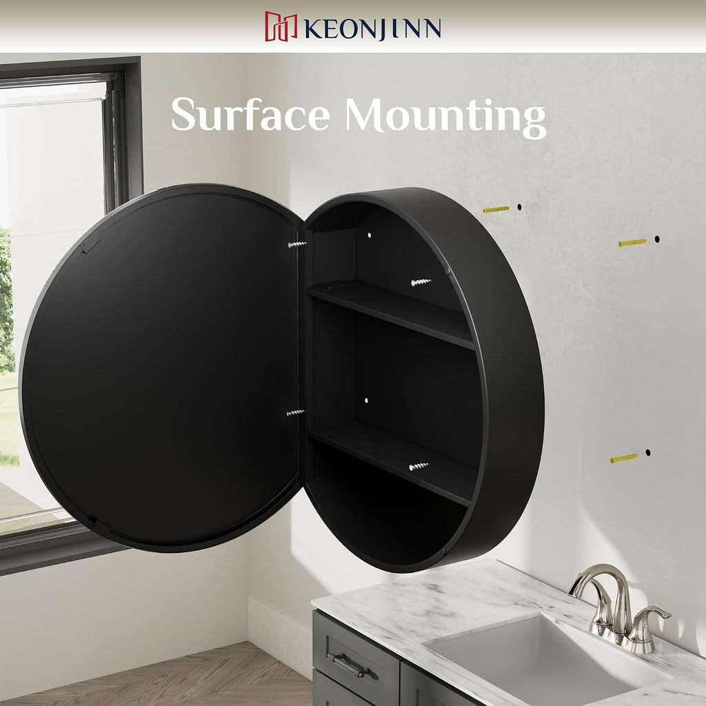 Keonjinn 24 x 24 In Round Medicine Cabinets for Bathroom, Black Mirror Surface Mount Medicine Cabinet, Circle Black Medicine Cabinet with Mirror, Adjustable Shelves Framed Bathroom Mirror with Storage