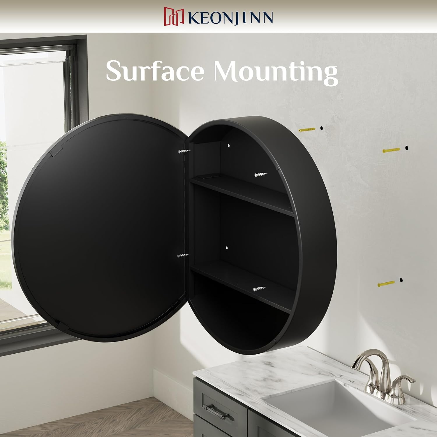Keonjinn 24 x 24 In Round Medicine Cabinets for Bathroom, Black Mirror Surface Mount Medicine Cabinet, Circle Black Medicine Cabinet with Mirror, Adjustable Shelves Framed Bathroom Mirror with Storage