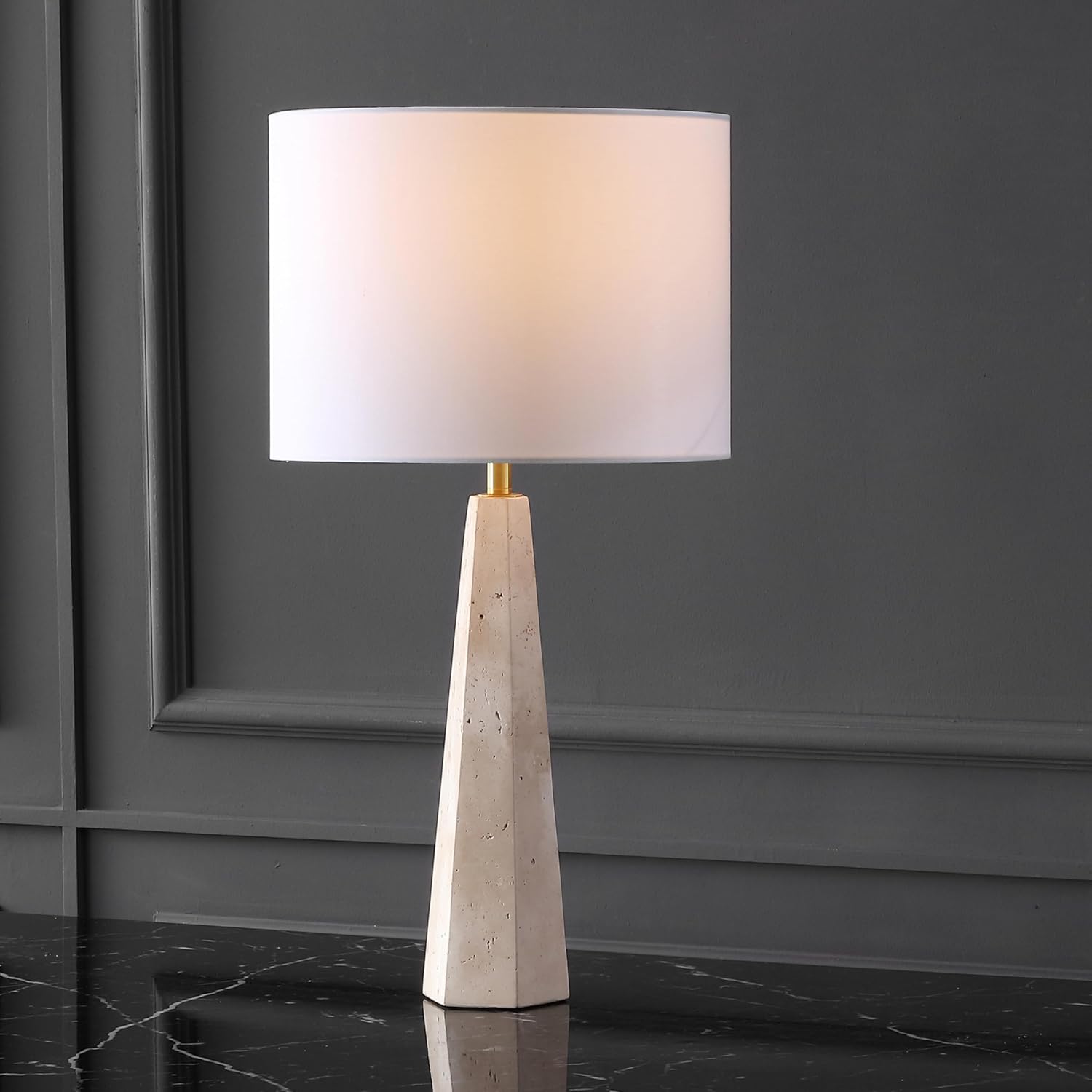 SAFAVIEH Couture Lighting Collection Gabryanna Travertine/White 26-inch Dimmable Table Lamp for Bedroom Living Room Home Office Desk Nightstand (LED Bulb Included)