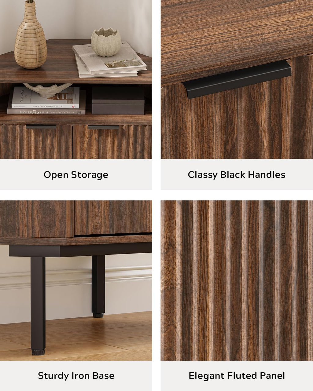 EYYTHUNG Fluted Corner Cabinet with Open Storage, Modern Small Corner Floor Cabinet with 2 Doors & Adjustable Shelf, Wooden Narrow Storage Organizer for Small Space,Living Room, Dining Room, Brown