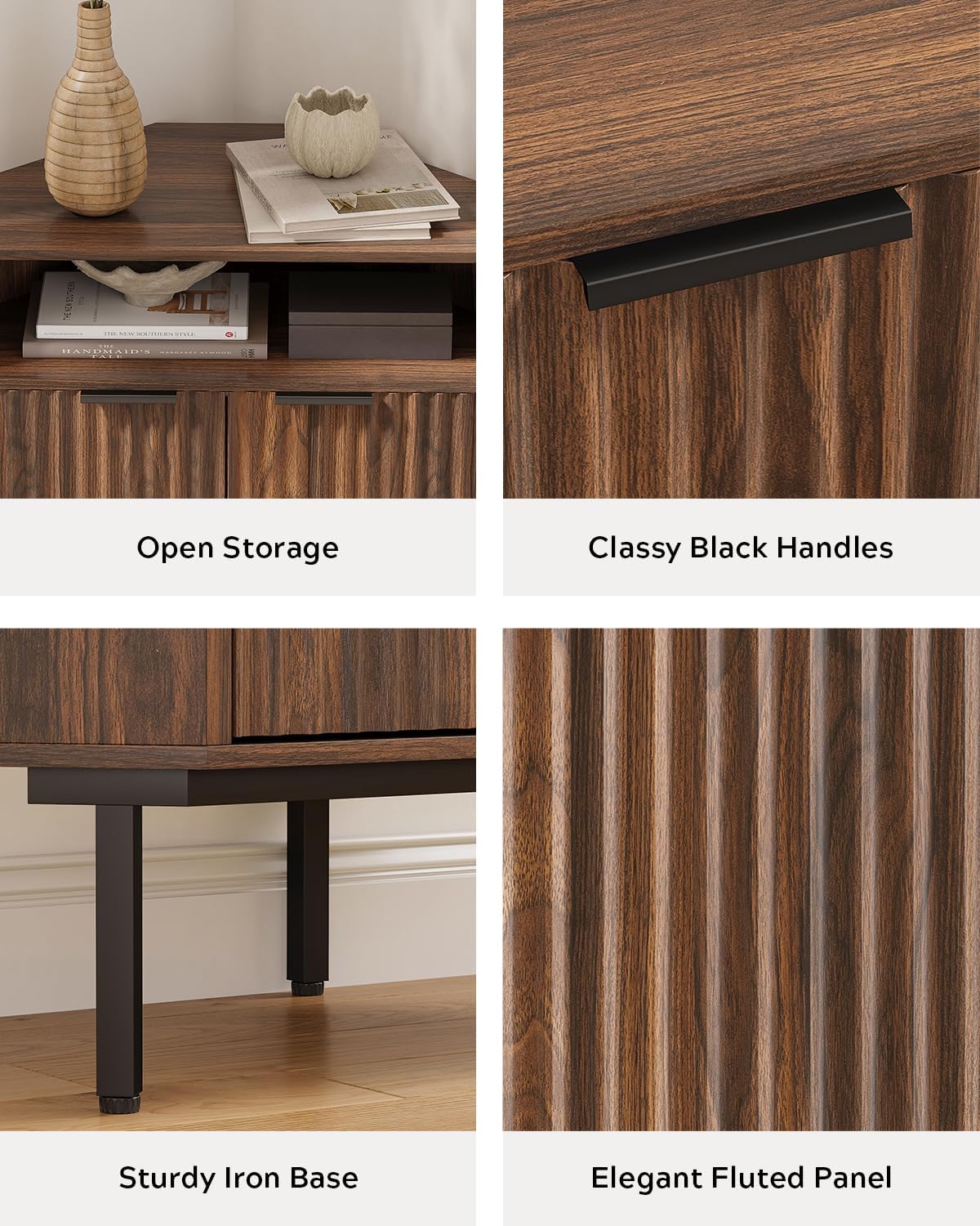 EYYTHUNG Fluted Corner Cabinet with Open Storage, Modern Small Corner Floor Cabinet with 2 Doors & Adjustable Shelf, Wooden Narrow Storage Organizer for Small Space,Living Room, Dining Room, Brown