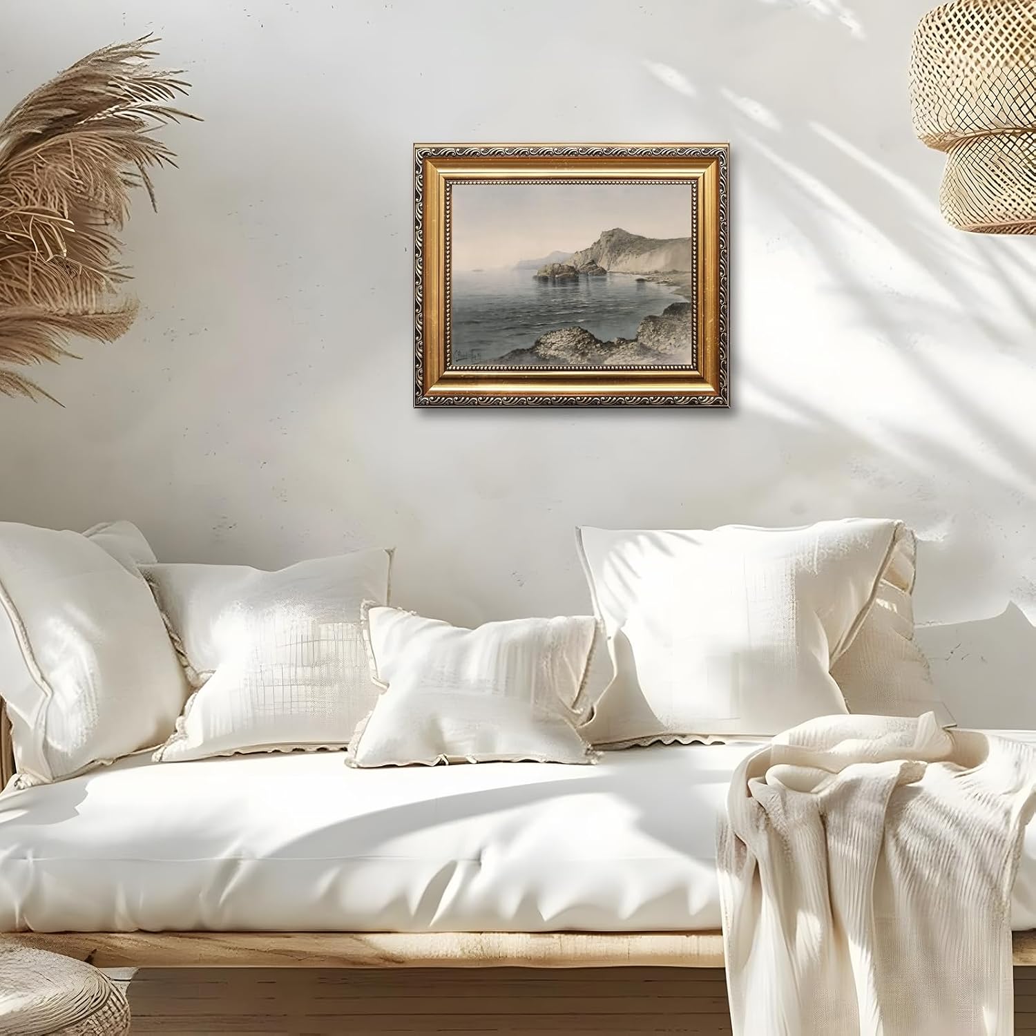 Large Framed Rocky Coastal Cliff Landscape Canvas Wall Art Vintage Classical Seascape Oil Painting Poster European Ocean Shore Artwork Print Rugged Seaside Scenery Bedroom Home Decor 24x36inch