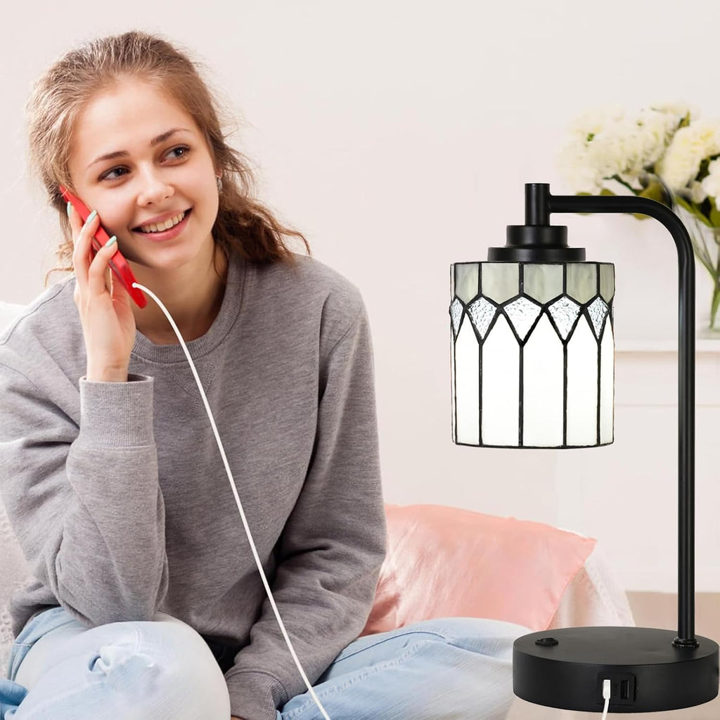 TL0019 Tiffany Table Lamp with 2 USB Charging Ports, Desk Lamp with Geometric Stained Glass Lamp Shade, Retro Nightstand H 14.5' for Bedrooms Office Study, LED Bulbs Included (Grey)