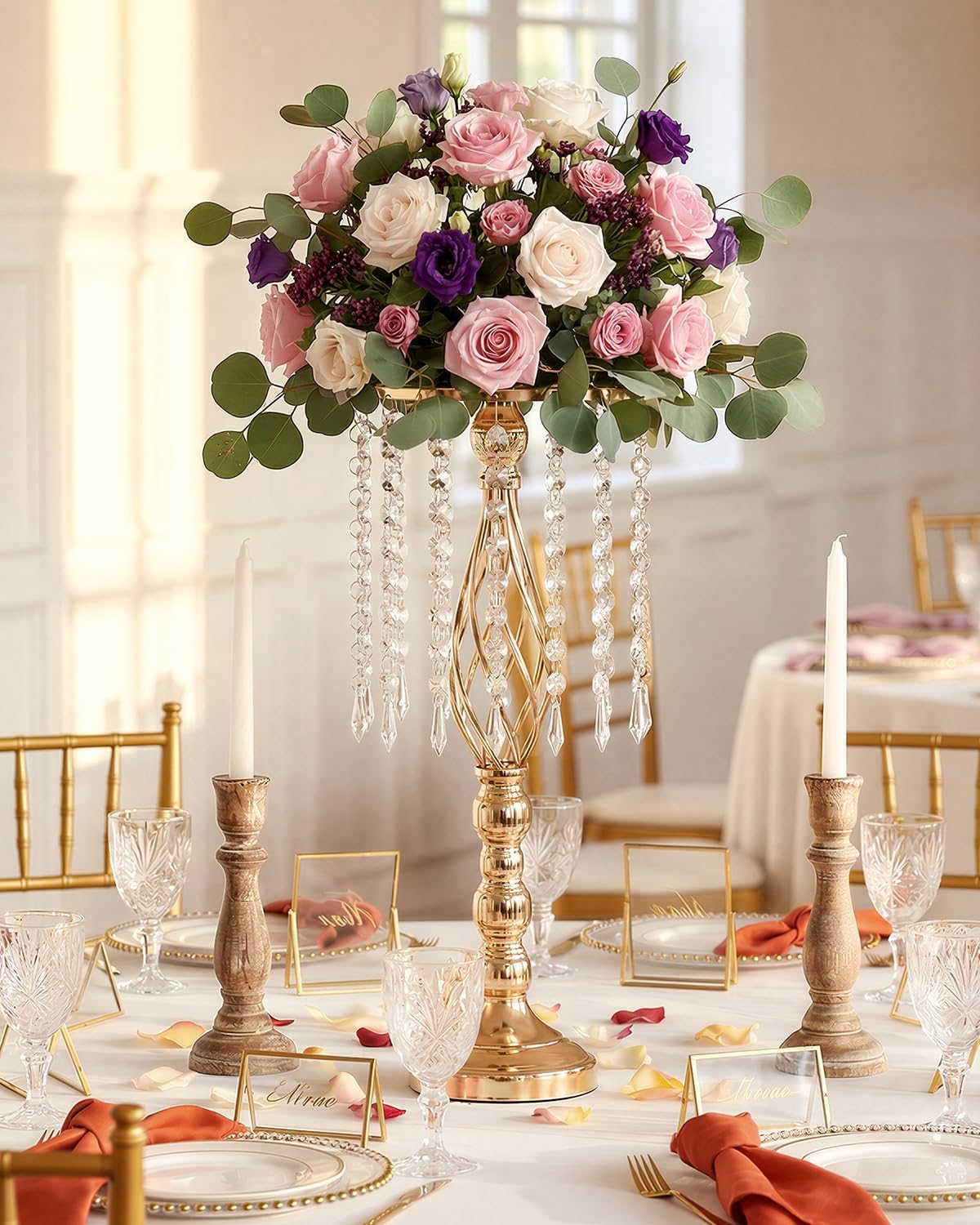 10 Pcs 21.5' Tall Gold Centerpieces for Table, Open Lattice Midsection Trumpet Base Vase Stands with Hanging Crystals, Metal Flower Holders for Wedding Receptions,Parties & Event Decor