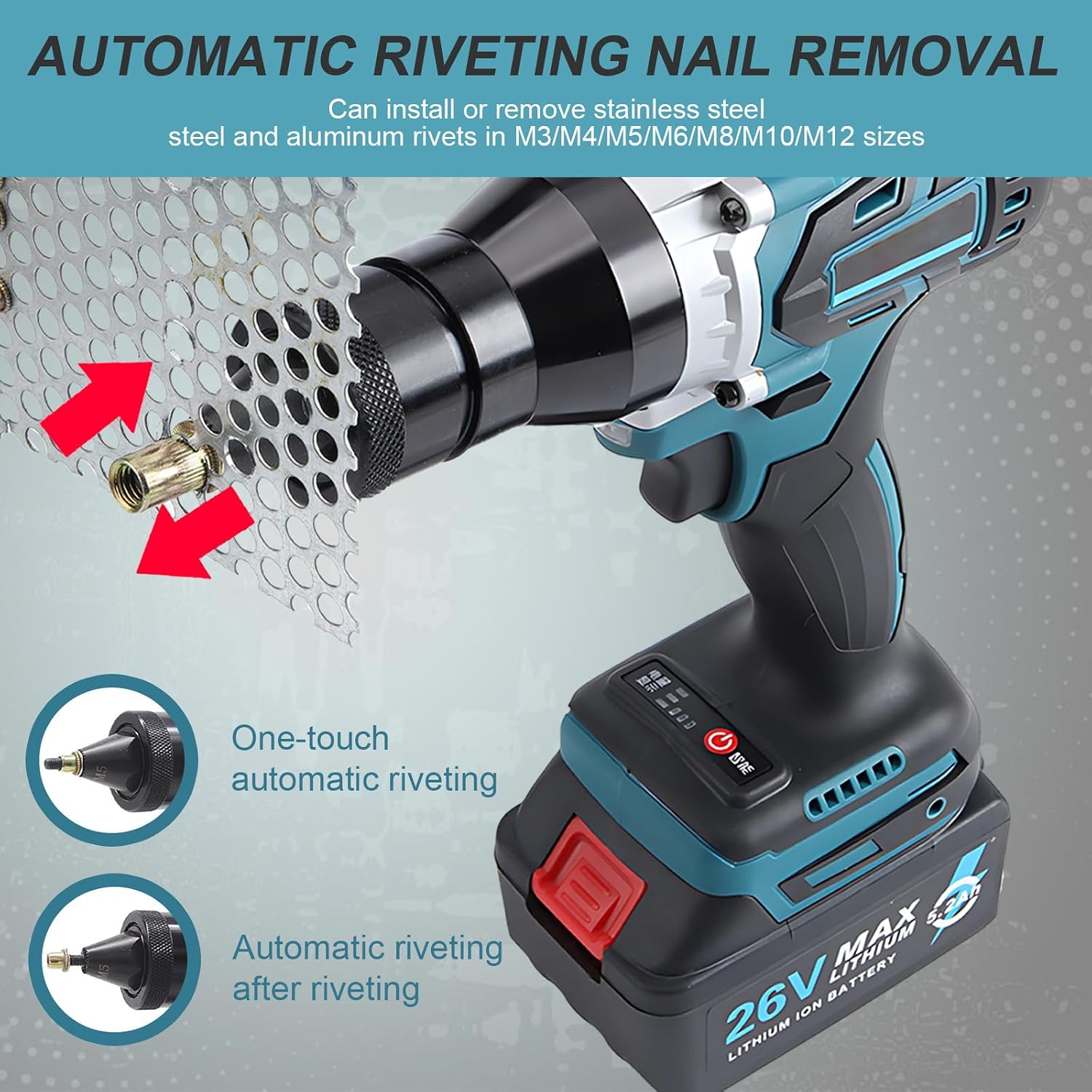 SHAHRYAR Battery Powered Pop Rivet Insert Installation Tool,2 Speeds-5200mah,Manual/Automatic Switching,with M3 M4 M5 M6 M8 M10 M12 Head Electric Riveter