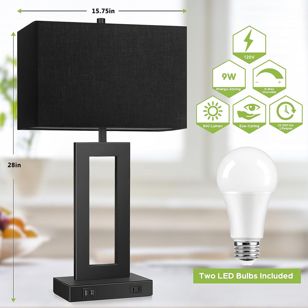 TOBUSA 28'' Tall Black Lamps for Living Rooms Set of 2, Modern Touch Control Table Lamps for Bedroom, 3 Way Dimmable Bedside Lamps with 2 USB Ports&AC Outlet, High-end Decor Lamp for Home Office