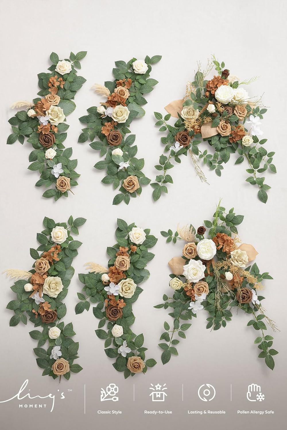 Ling's moment 9FT Spring Flower Garland for Backdrop Decorations - Wedding Arch Flowers, Eucalyptus & Rose, Artificial Floral Garland for Mantel - Sweetheart Table Decor for Reception, Beige Brown