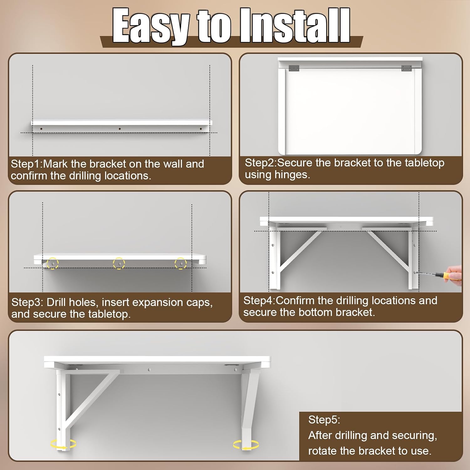 MM MELISEN Wall Mounted Folding Table, 29.5'L x 19.6'W, White, Space-Saving Design