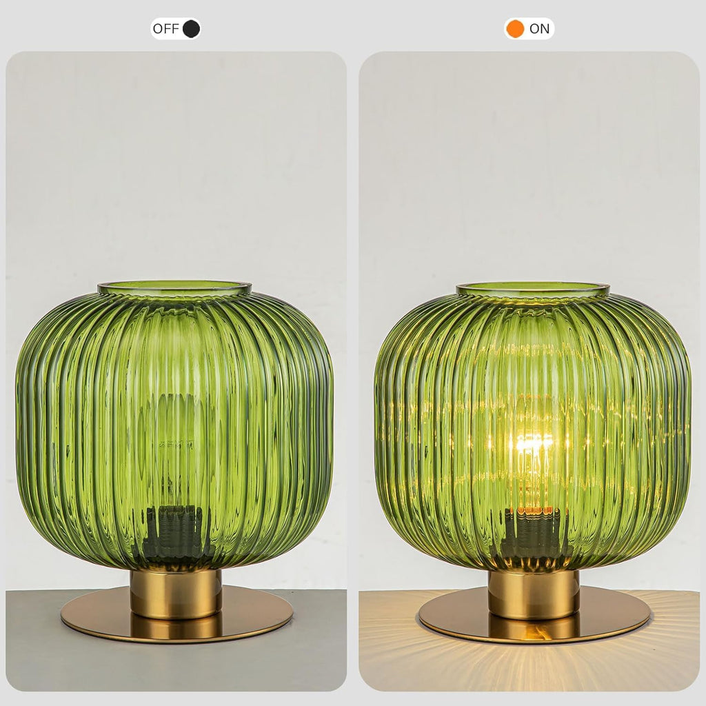 Green Table Lamp Glass Globe Table Lamp Mid Century Modern Small Bedside Lamp Gold Nightstand Lamp Vintage Decorative Brass Desk Lamp for Bedroom Living Room Study Corner Bookshelf (Set of 2)