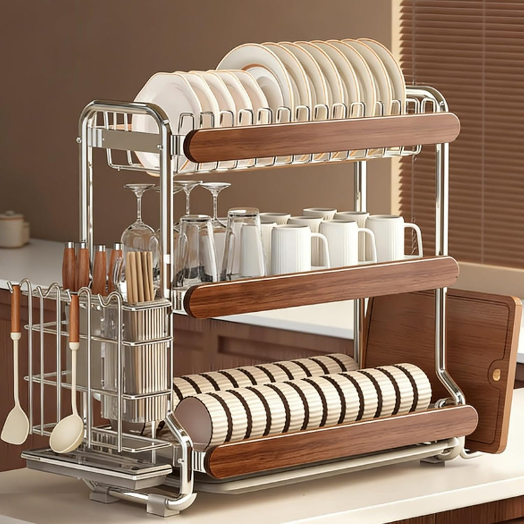 Large-Capacity,partitioned Stainless Steel Dish Rack with Thickened Pipes;Multi-Functional Kitchen Storage for Dishes,Bowls,and Chopsticks;Includes a drip Tray(Triple Layer)