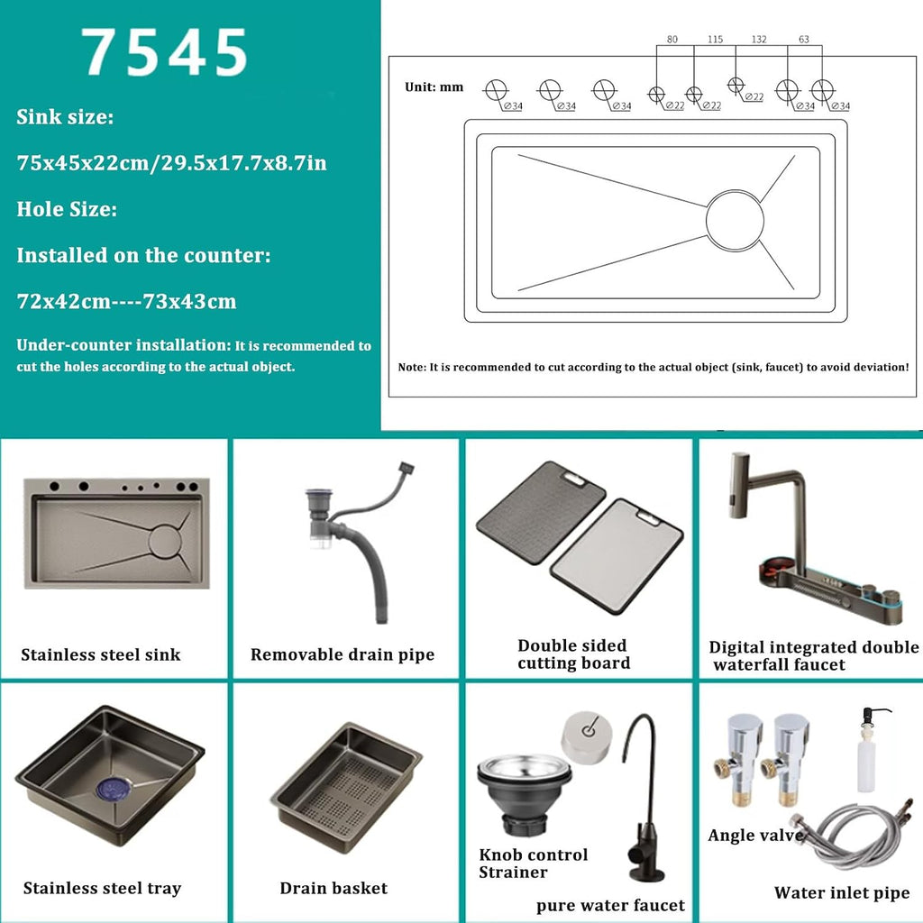 304 Stainless Steel Sink,Multi-Function Kitchen Sink,Single-Bowl Sink Waterfall Faucet Complete Accessories for Bar Restaurant Hotel Home (Dark Grey-75X45X22CM