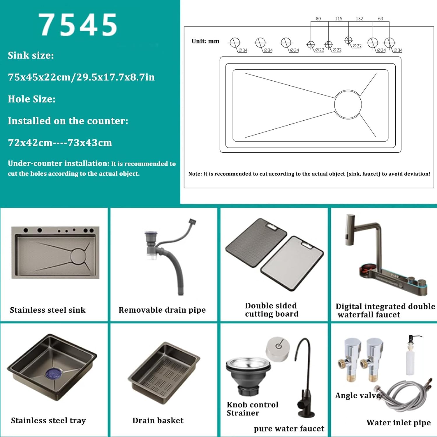 304 Stainless Steel Sink,Multi-Function Kitchen Sink,Single-Bowl Sink Waterfall Faucet Complete Accessories for Bar Restaurant Hotel Home (Dark Grey-75X45X22CM