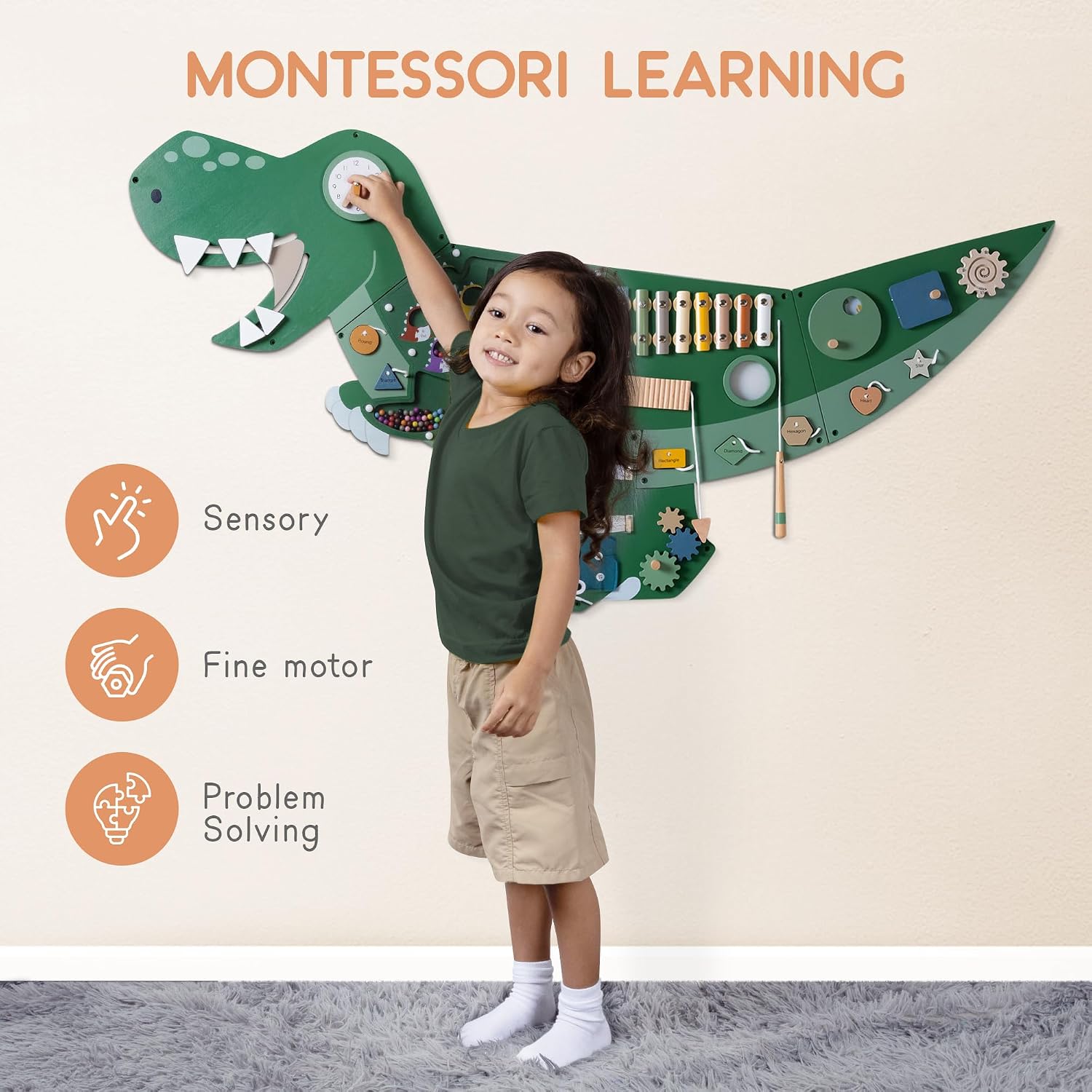 Dinosaur Activity Wall Busy Board - Wooden Sensory Wall Panel for Kids & Toddler Wall Activity - Interactive Montessori Wall Activity Board for Boys & Girls - Perfect for Playroom Daycare Waiting Room