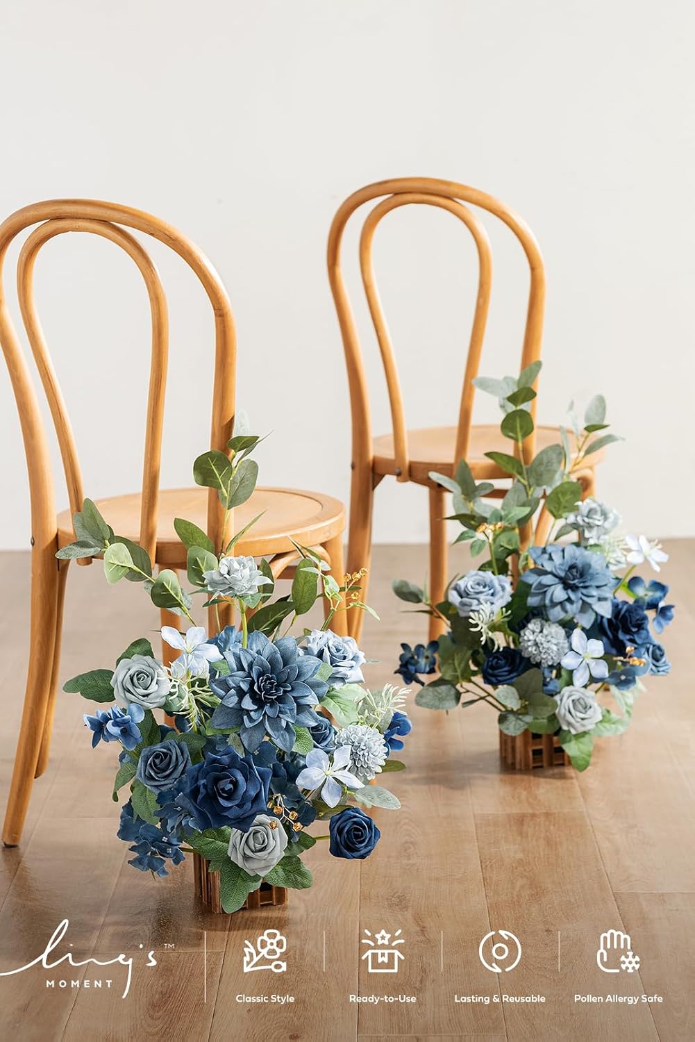 Ling's moment 17.5' Tall Standing Artificial Flowers Arrangements 4pcs Fall Wedding Aisle Runner Chair Decorations Dusty Blue & Navy Centerpieces for Ceremony Reception Rose Floral Party Outdoor