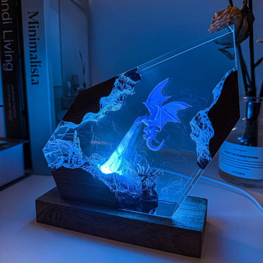 Epoxy Ice Dragon Resin Lamp, Handmade Resin Night Light with USB Port, Multi-Color LED Light, Ideal Home Bedroom Decor, Unique Birthday Holiday Gifts for Father Men Husband Boyfriend Him Kids (10'x6')