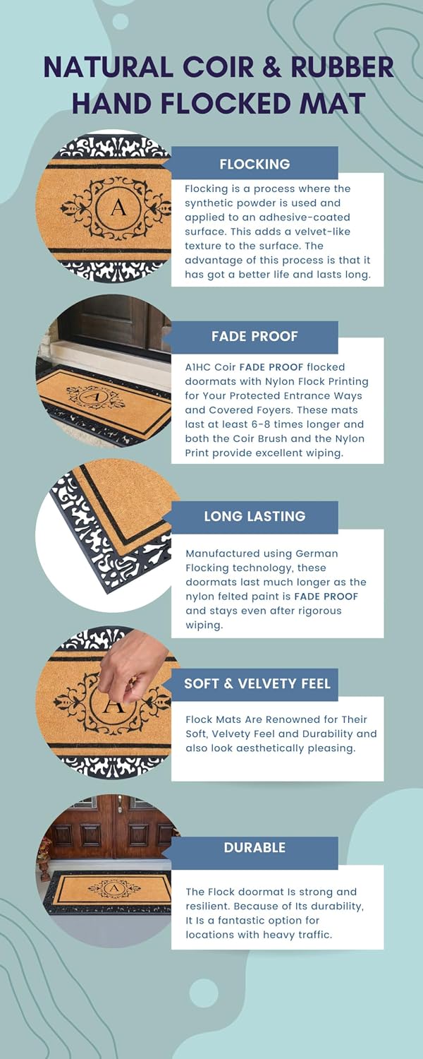 A1HC Natural Coir Doormat for Outside Entrance, Anti-Shed Treated Front Door Mat 30' x 60', Long Lasting Front Porch Entry Matt Monogrammed - M (Floral Black)