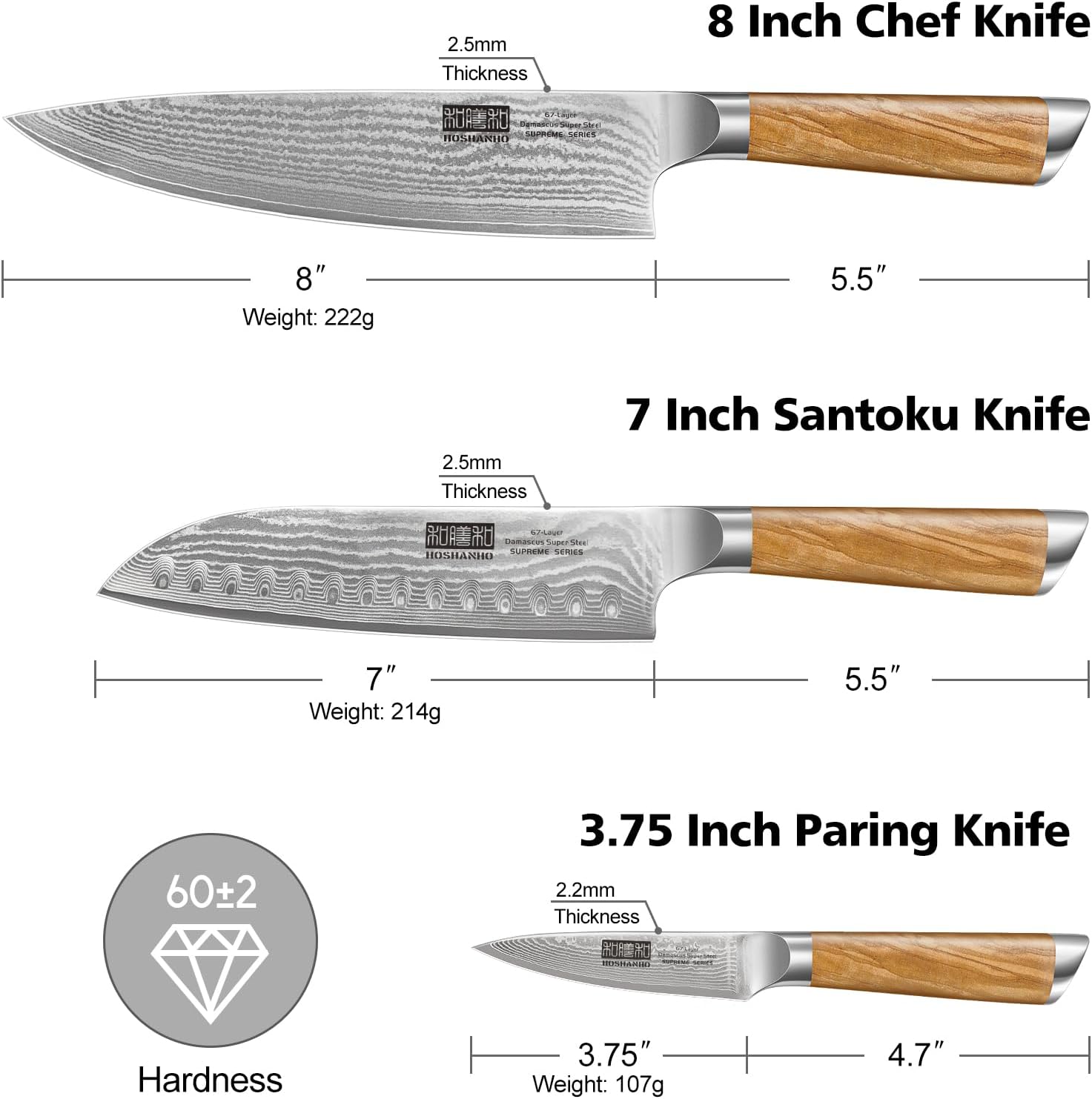 HOSHANHO Damascus Kitchen Knife Set 3-Piece, Ultra Sharp 8' Chef Knife, 7' Santoku Knife, 3.75' Paring Knife, Professional 10Cr15CoMoV Damascus Super Steel Chef Knife Set with Ergonomic Handle