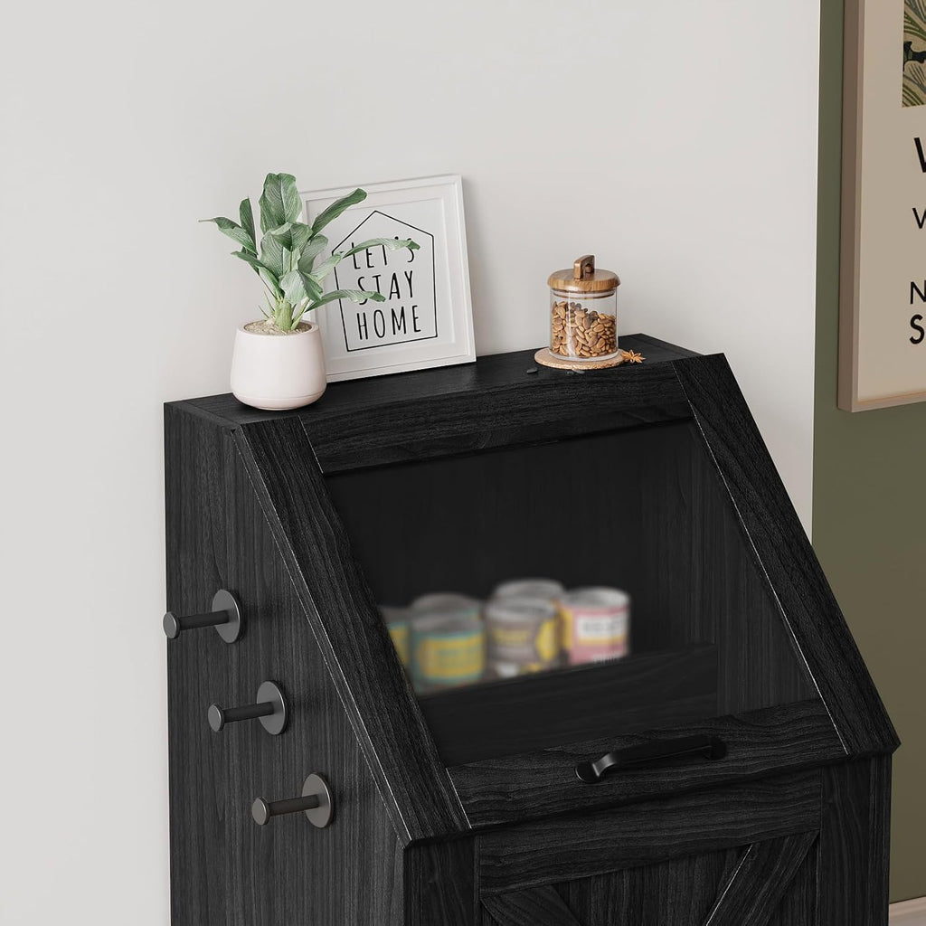 Dog Feeding Station with Storage,Wooden Pet Food Storage Cabinet,Equipped with 2 High Footed Bowls and 3 Hooks,Top Glass Flip Cover,Anti Tipping Device (Dog Feeding Station-Black)