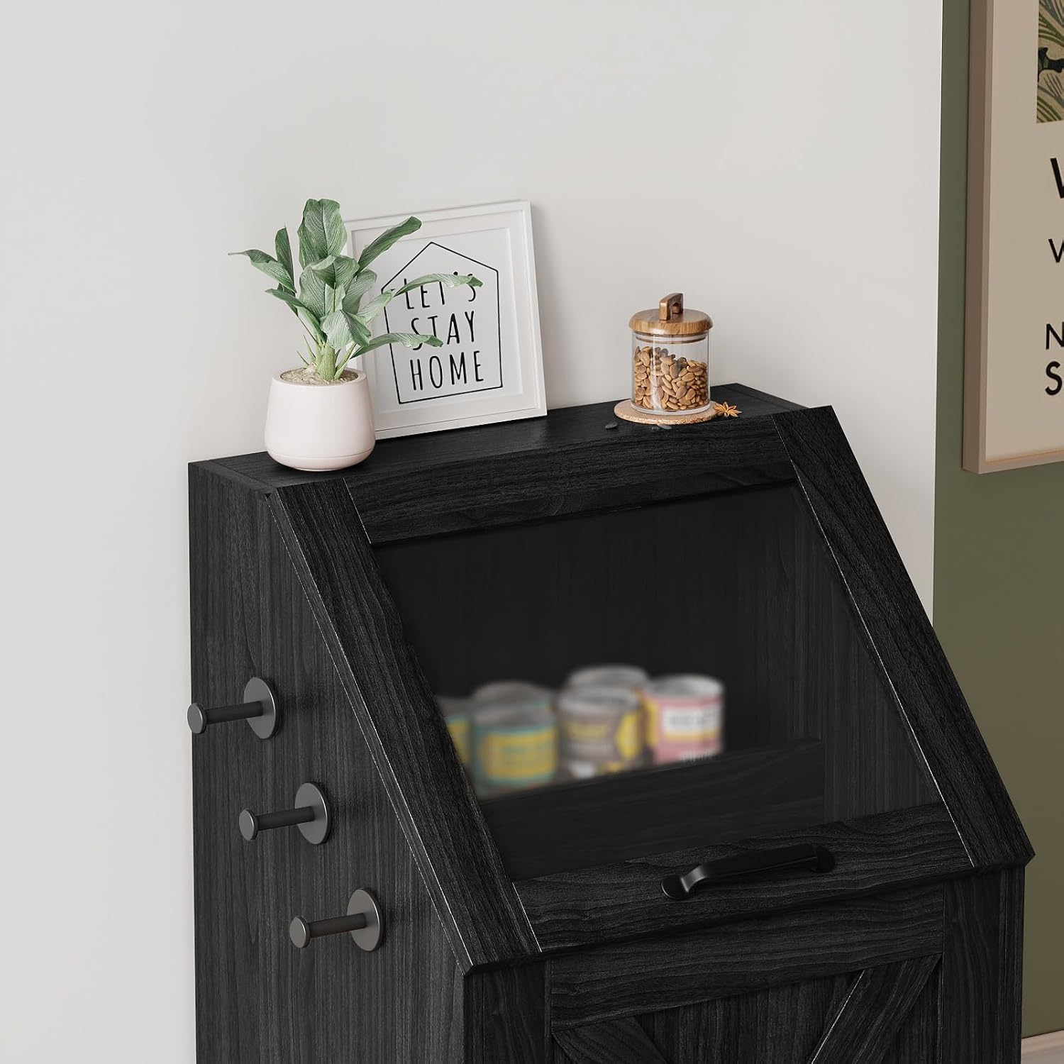 Dog Feeding Station with Storage,Wooden Pet Food Storage Cabinet,Equipped with 2 High Footed Bowls and 3 Hooks,Top Glass Flip Cover,Anti Tipping Device (Dog Feeding Station-Black)