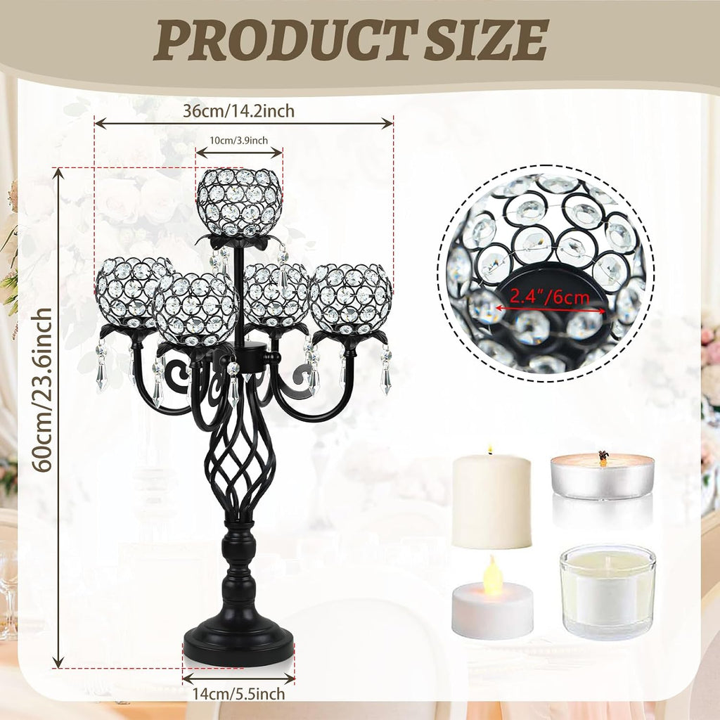 5-Arm Crystal Candelabra Centerpiece 23.2' Tall - Elegant Candle Holder Stand with Crystal Bowl, Chic Table Decor for Weddings, Parties, Anniversary & Home Decoration (4, Black)