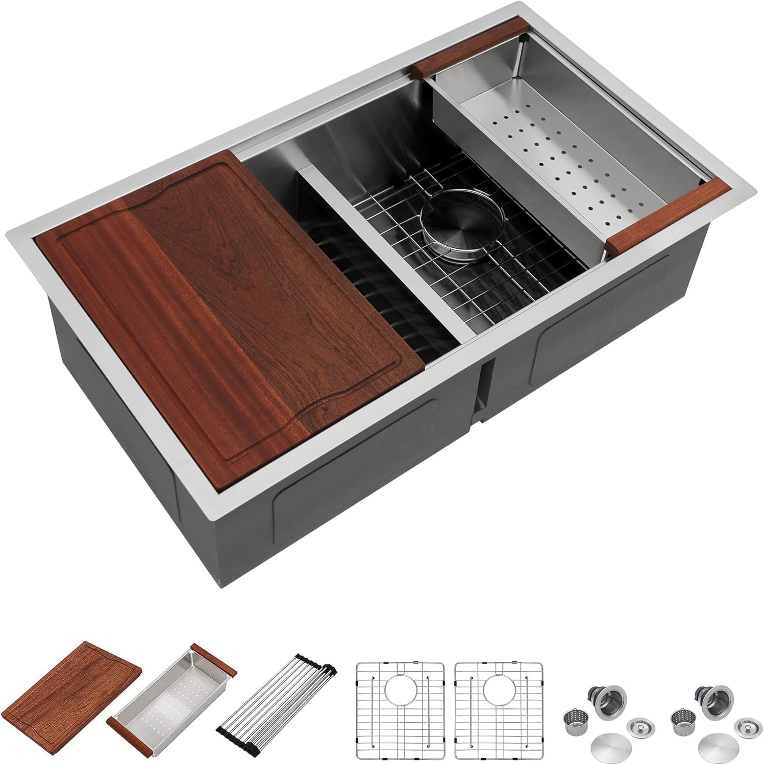 Dcolora 33 In. Double Bowl Kitchen Sink Undermount Sink Workstation Stainless Steel 50/50 Split Low Divided 16 Gauge Under Counter Basin, 33'x19'x10',DC-U-1111