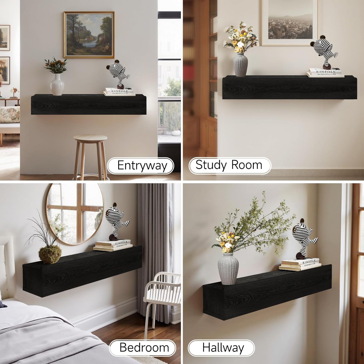 Floating Solid Wood Console Table, 47'' Wall Mounted Narrow Entryway Table with Storage Shelf, Modern Couch Shelves Small Entry Way Tables for Entryway, Front Hall, Hallway (Black)
