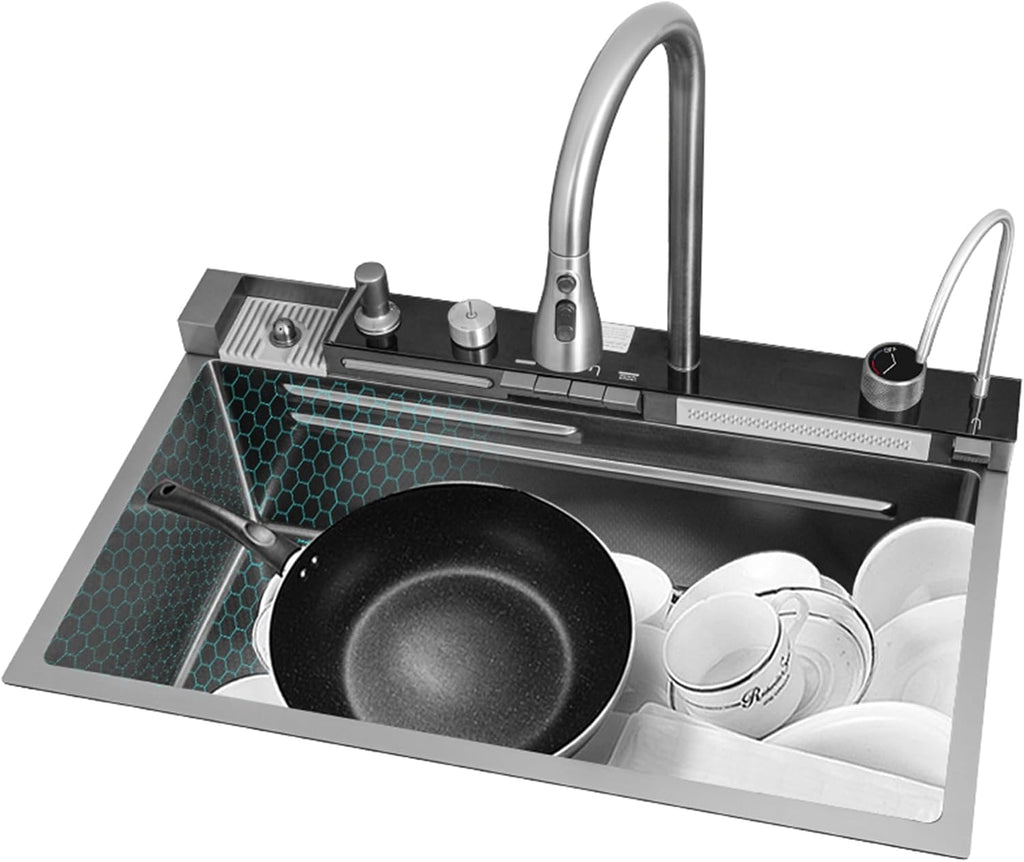 JATIBOSH Waterfall Kitchen Sink, Stainless Steel Nano Single Bowl Sink Farmhouse Workstation with Multifunctional Integrated Faucet