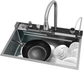 JATIBOSH Waterfall Kitchen Sink, Stainless Steel Nano Single Bowl Sink Farmhouse Workstation with Multifunctional Integrated Faucet