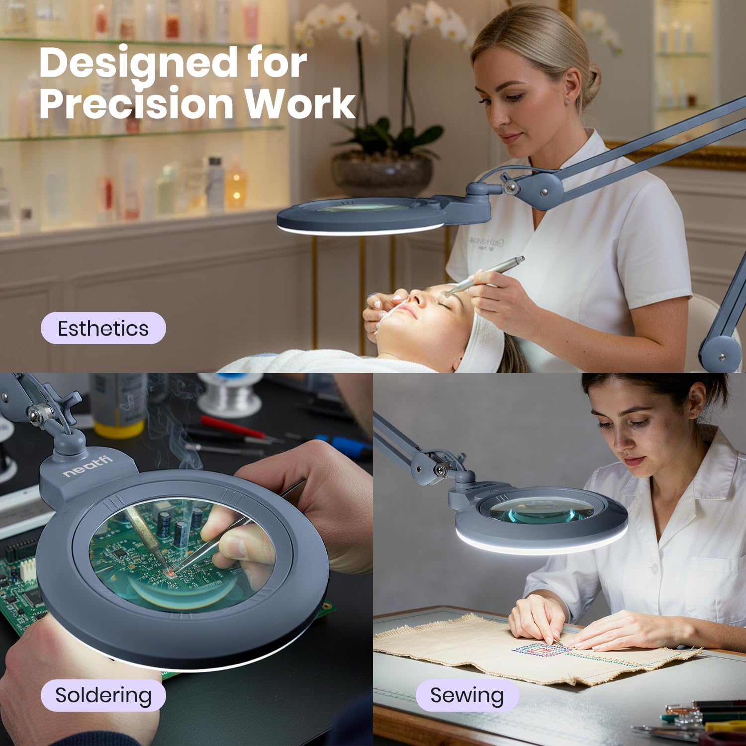 Neatfi XL Bifocal LED Magnifying Lamp, 7' Acrylic Lens, 2.25X/6X Magnification, 1,600 Lumens Dimmable | Hands-Free Close Work | Crafting, Jewelry & Reading (Gray, 7-inch Lens, Non-CCT with Clamp)