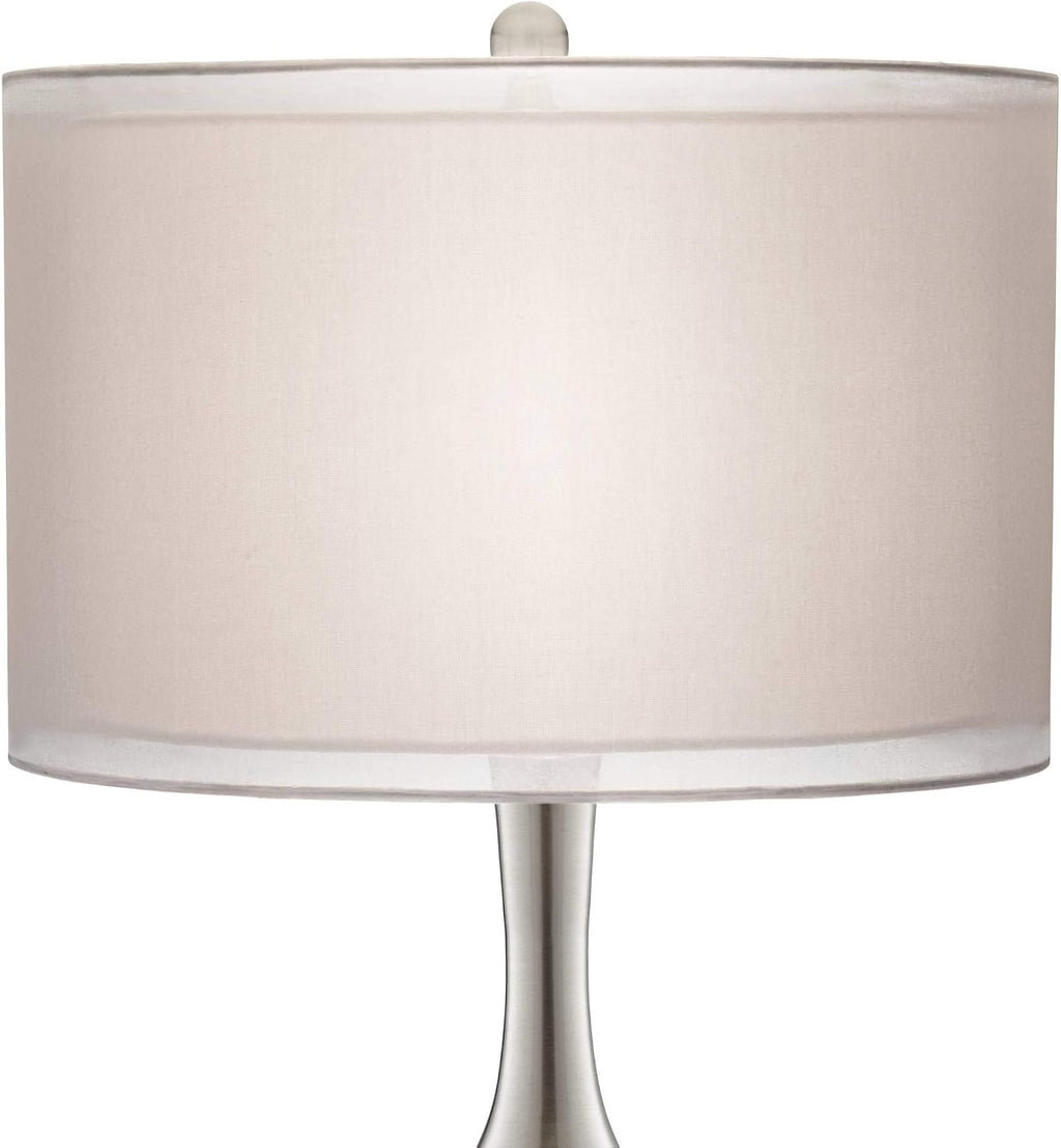 Possini Euro Design Swift Mid Century Modern Table Lamps 30.5' Tall Set of 2 Mercury Glass Chrome Double Sheer Drum Shade Decor Living Room Bedroom House Bedside Nightstand Home Office Entryway