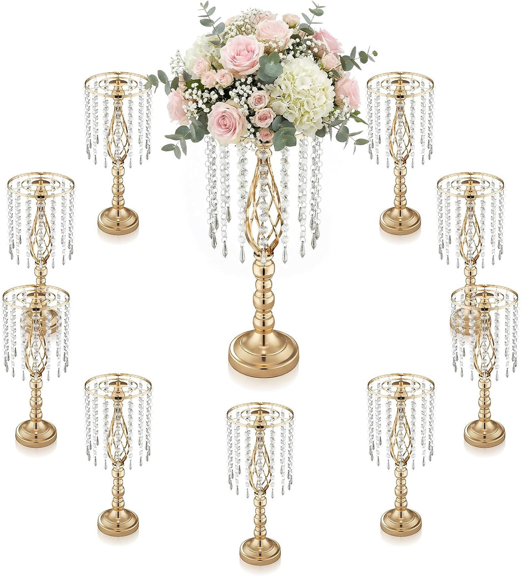 10 Pcs 21.5' Tall Gold Centerpieces for Table, Open Lattice Midsection Trumpet Base Vase Stands with Hanging Crystals, Metal Flower Holders for Wedding Receptions,Parties & Event Decor
