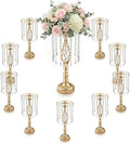10 Pcs 21.5' Tall Gold Centerpieces for Table, Open Lattice Midsection Trumpet Base Vase Stands with Hanging Crystals, Metal Flower Holders for Wedding Receptions,Parties & Event Decor