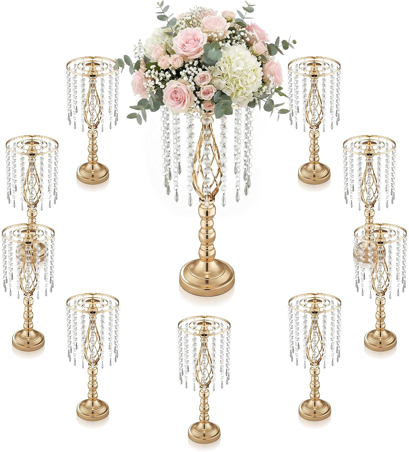 10 Pcs 21.5' Tall Gold Centerpieces for Table, Open Lattice Midsection Trumpet Base Vase Stands with Hanging Crystals, Metal Flower Holders for Wedding Receptions,Parties & Event Decor