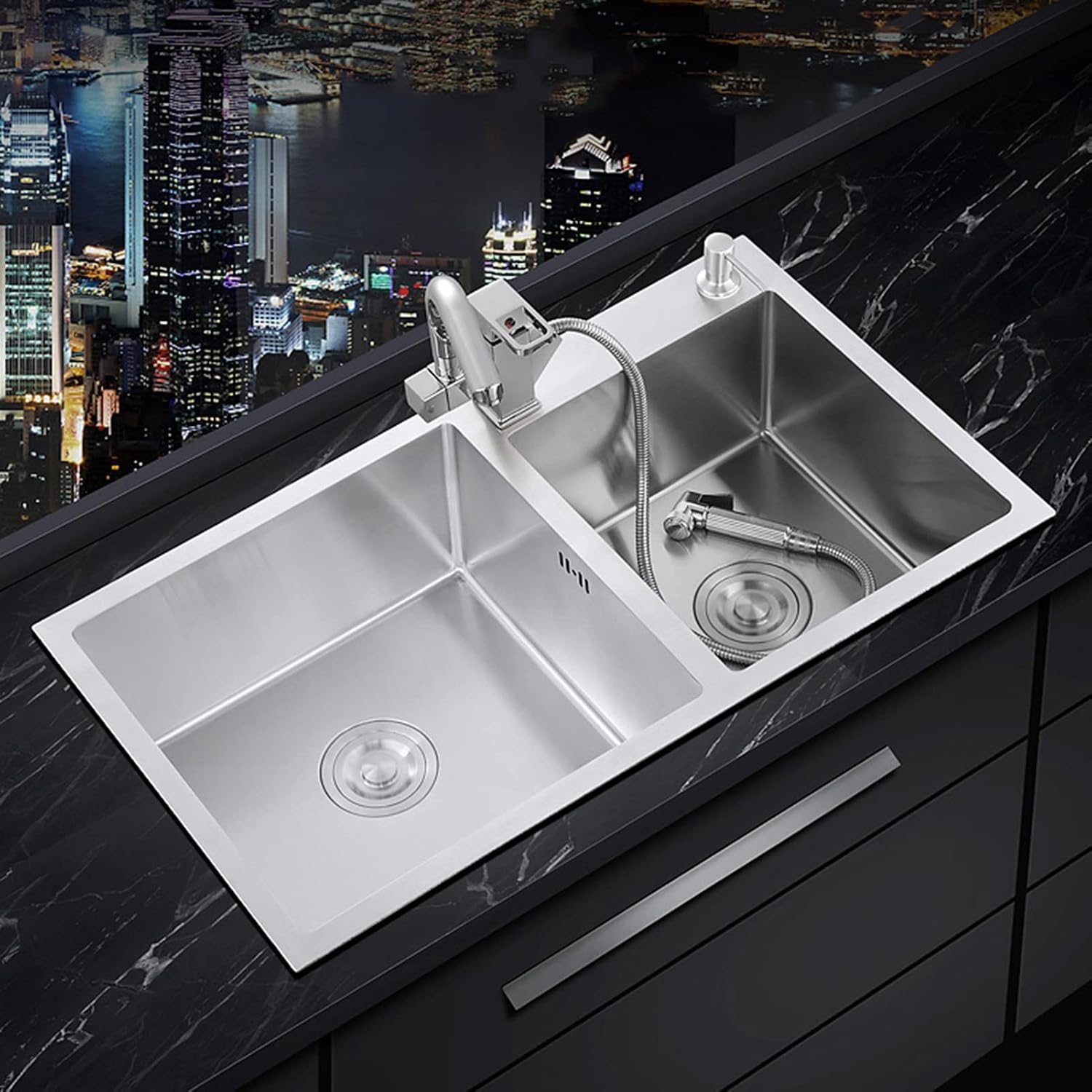 Kitchen Sinks Drop in with Faucet, Undermount Farmhouse Kitchen Sinks for Granite Countertops, Workstation Sink Drop in 28, Double Bowl Sink Stainless Steel with Accessories