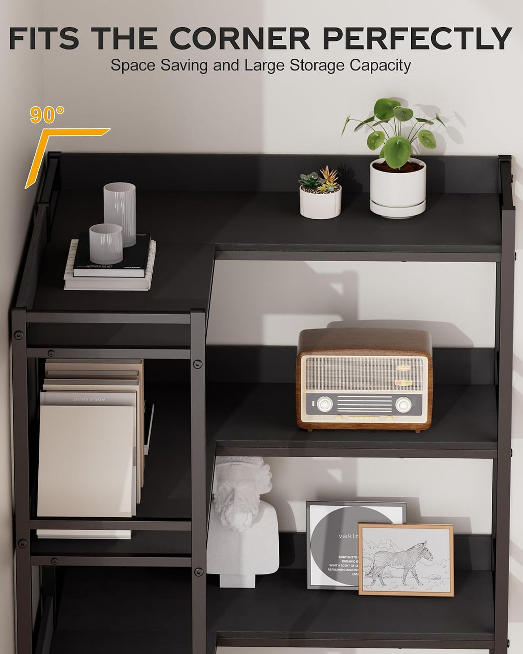 Large 5-Tier Corner Bookshelf - Modern Tall Corner Shelf Storage Display Rack with Sturdy Metal Frame - Perfect for Living Room, Home Office, Books and Decor Display