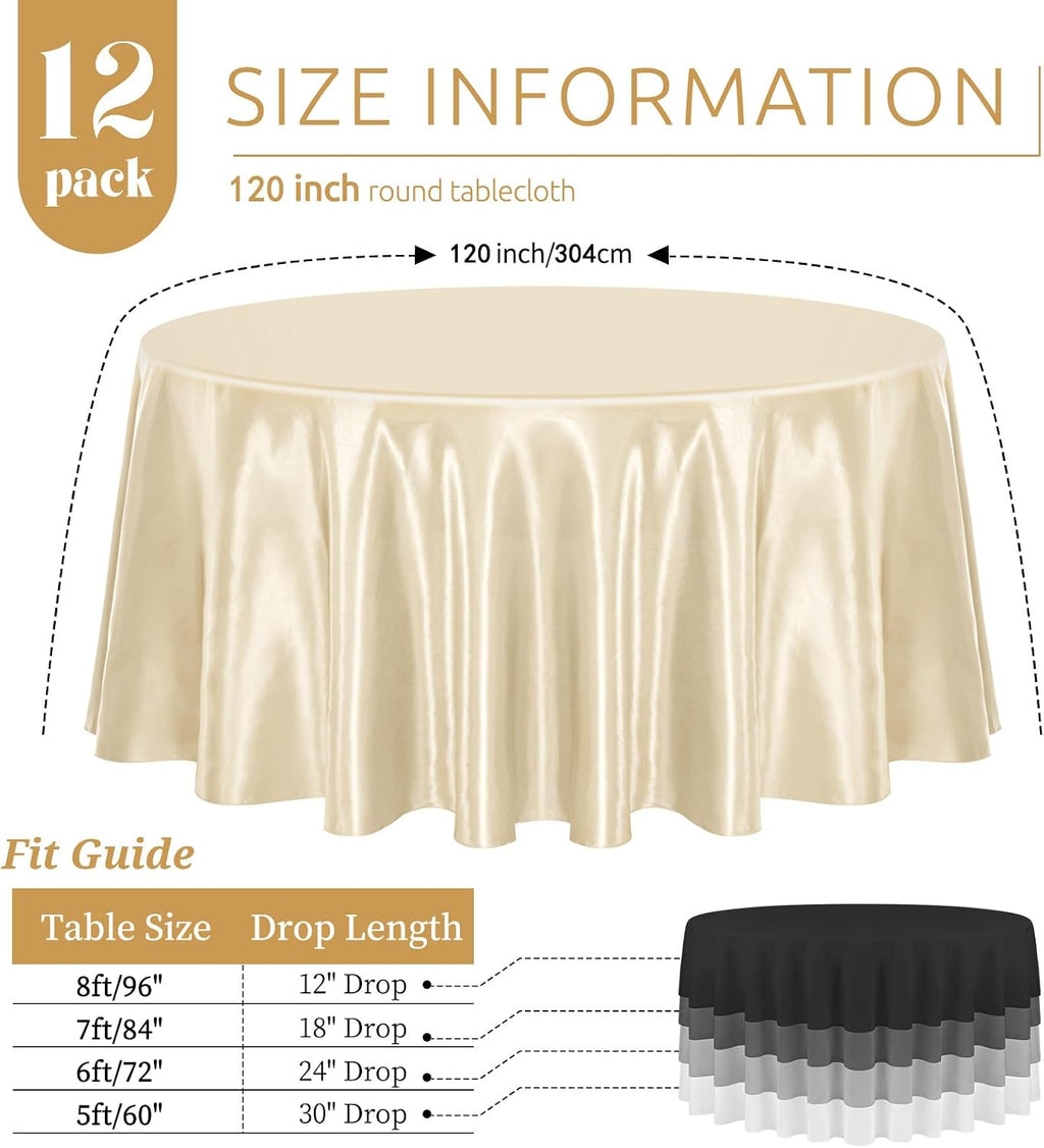 12 Pack 120 Inch Round Tablecloth, Champagne Satin Fabric Table Cloth for Round Table, Wrinkle Resistant Washable Table Cover Bright Silk Table Clothes for Wedding Party Dining Table Banquet