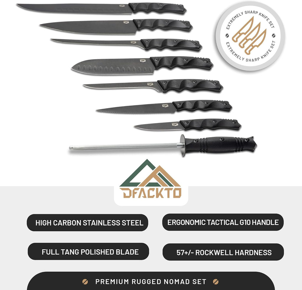 DFACKTO 16-PC Basecamp Tactical Chef Knife Set - Off Grid Camping & Cooking Knives for Combat Sustainability - G10, Full Tang, Sheaths, Black Travel Case