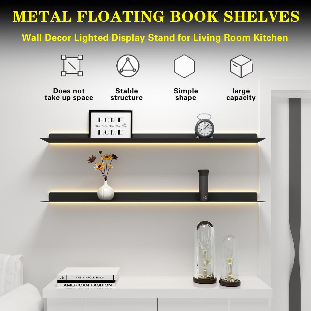 Corner Ledge Wall Shelf,Versatile Black Floating Wall Shelves with LED Lights, 2PCS, Metal Wall Mounted Large Bookshelf, Wall Storage Shelf for Home Decor, Hanging Lighted Display for Bar Ba