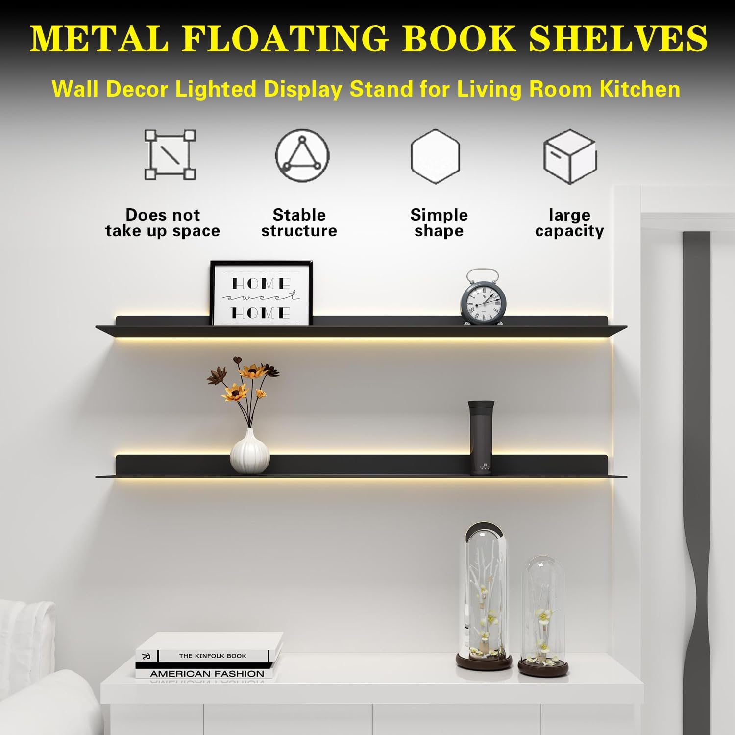 Corner Ledge Wall Shelf,Versatile Black Floating Wall Shelves with LED Lights, 2PCS, Metal Wall Mounted Large Bookshelf, Wall Storage Shelf for Home Decor, Hanging Lighted Display for Bar Ba