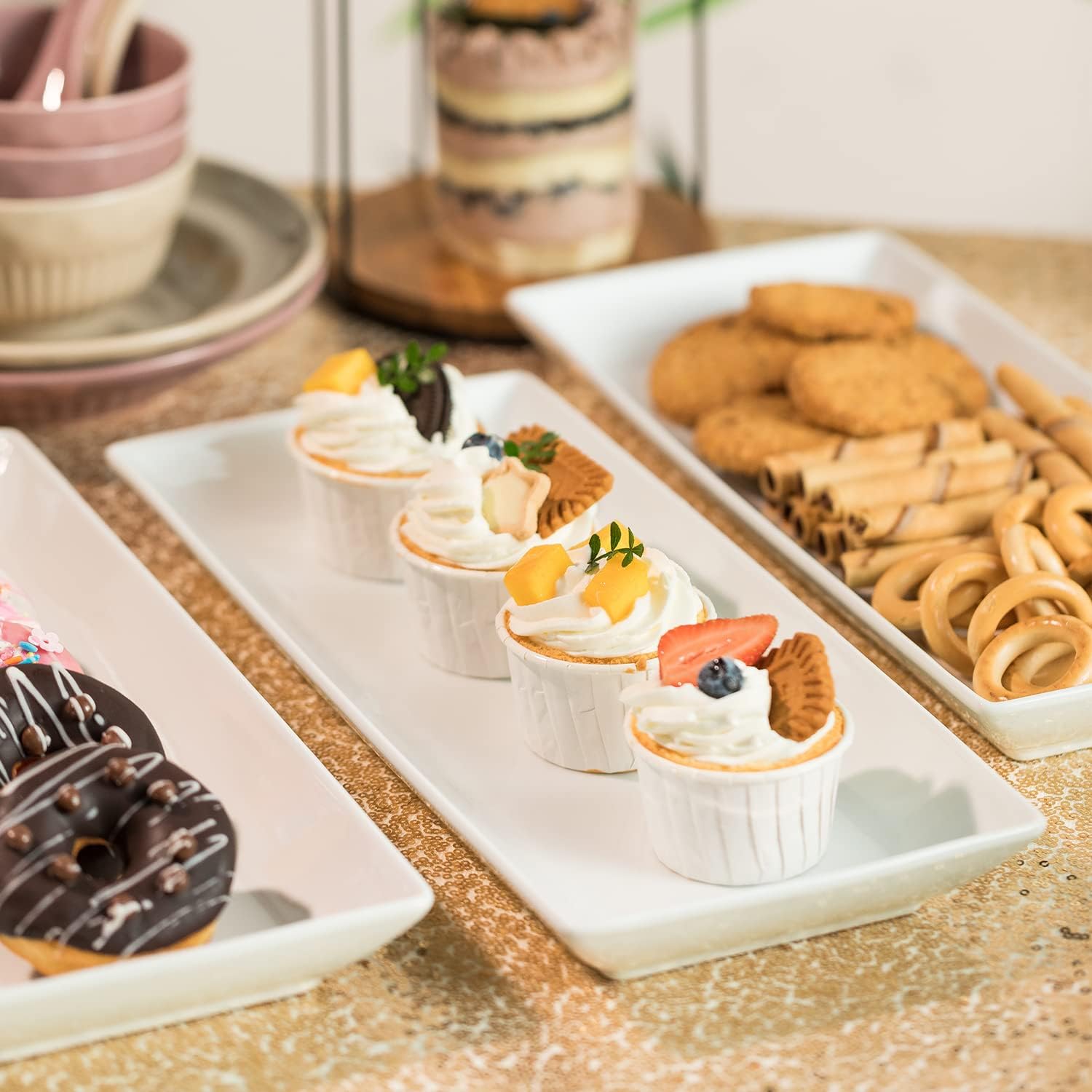 Gomakren Serving Bowls with Handles, 15/28/47 oz and 3 Tiered Oval Serving Bowl With Collapsible Metal Rack and 3 Tier Serving Trays Stand 14 Inches White Platters