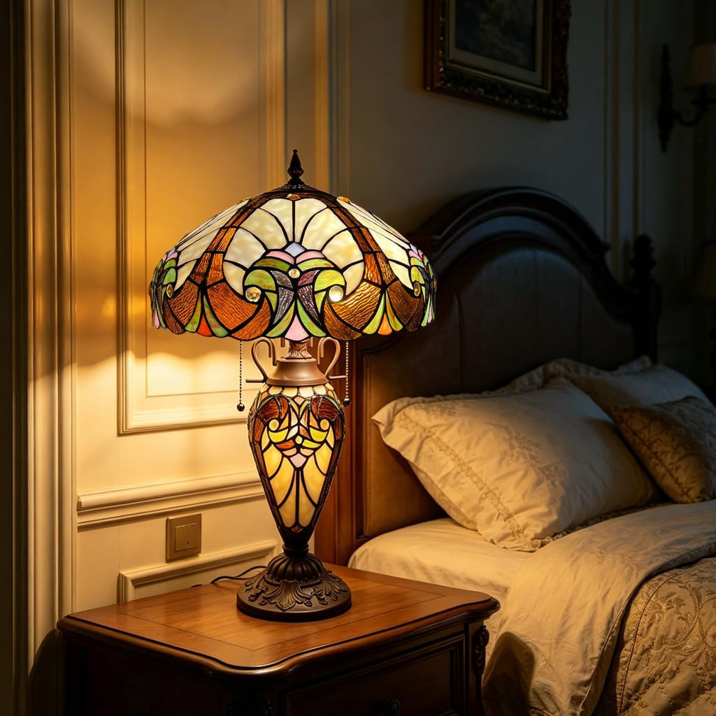 Tiffany Table Lamp Night Light 16' Wide Handmade Stained Glass Lamp Shade 3 Light Amber Cream Victorian Style Vintage Table Lamp for Home and Office