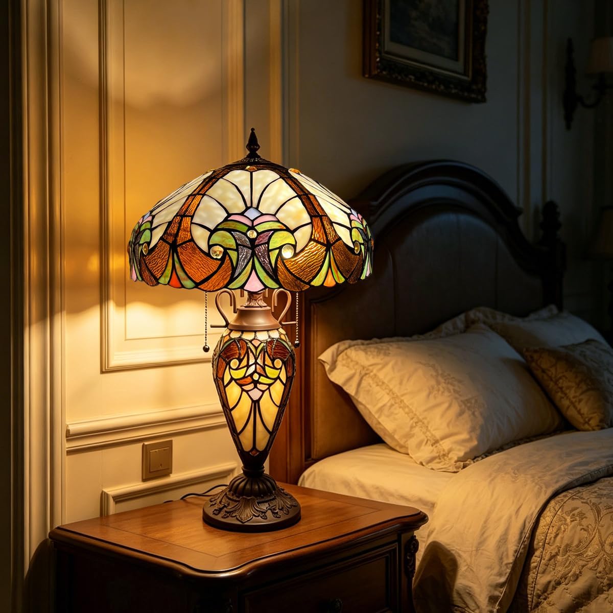 Tiffany Table Lamp Night Light 16' Wide Handmade Stained Glass Lamp Shade 3 Light Amber Cream Victorian Style Vintage Table Lamp for Home and Office
