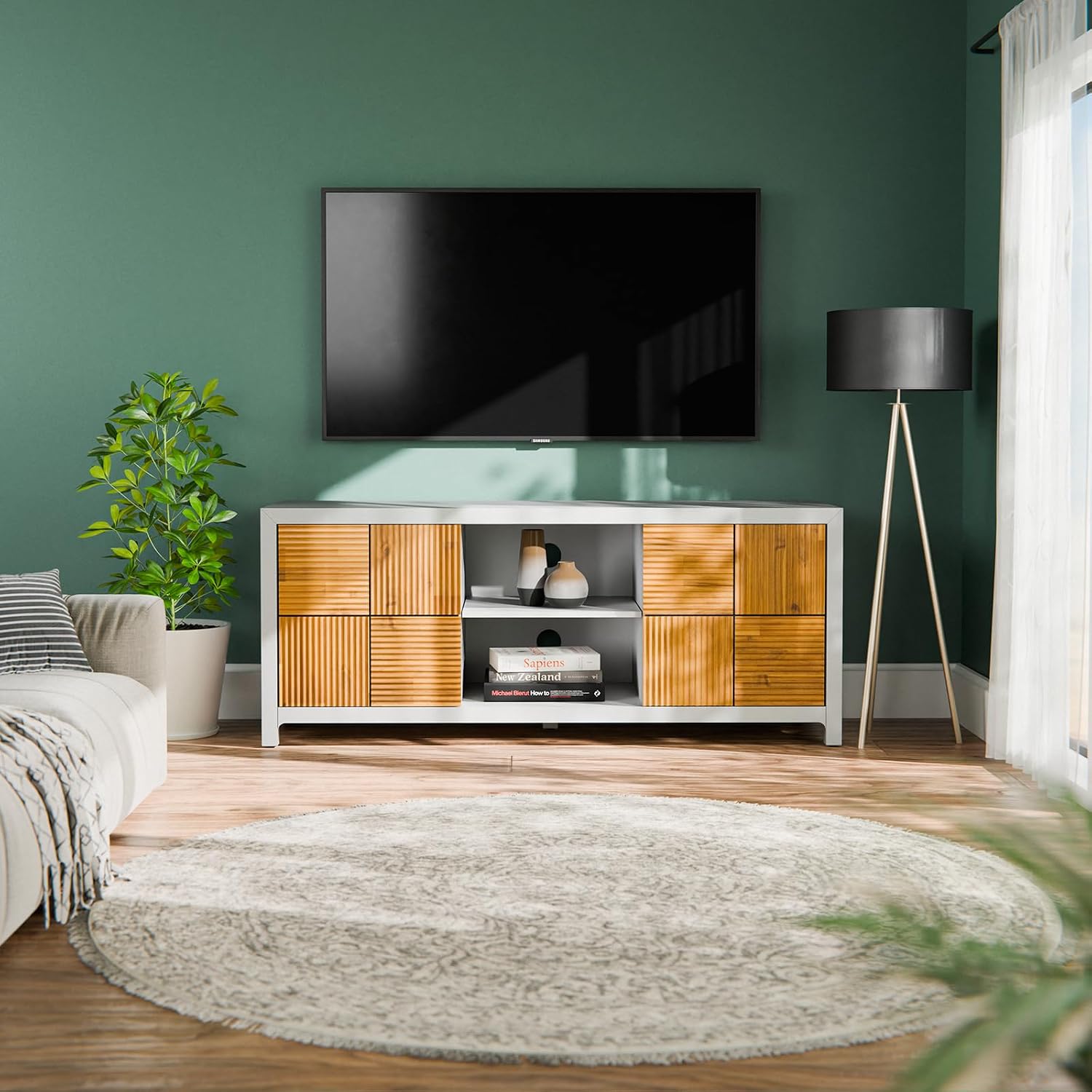 Bme Madia Deluxe TV Stand, Fully Asssembled Entertainment Center for up to 58 inch TV, Unique Pattern TV Console for Living Room, Bedroom, Dinning Room