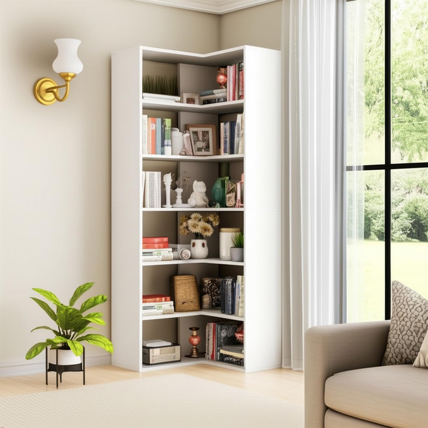 holzart 71' Tall White L-Shaped Corner Bookshelf, 6-Tier Wooden Corner Shelf Stand, Freestanding Display Rack Storage Organizer with Anti-Tip Kit for Living Room, Home Office, 27.6' W x 11' D
